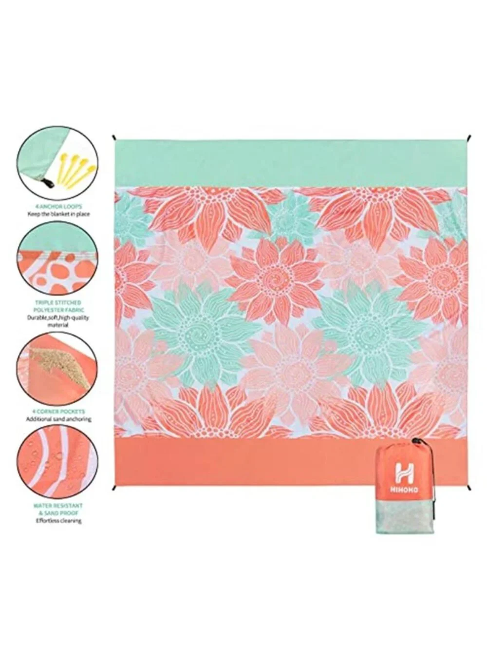 Beach Blanket Waterproof Sandproof Oversized Pink Floral Picnic Mat Camping
